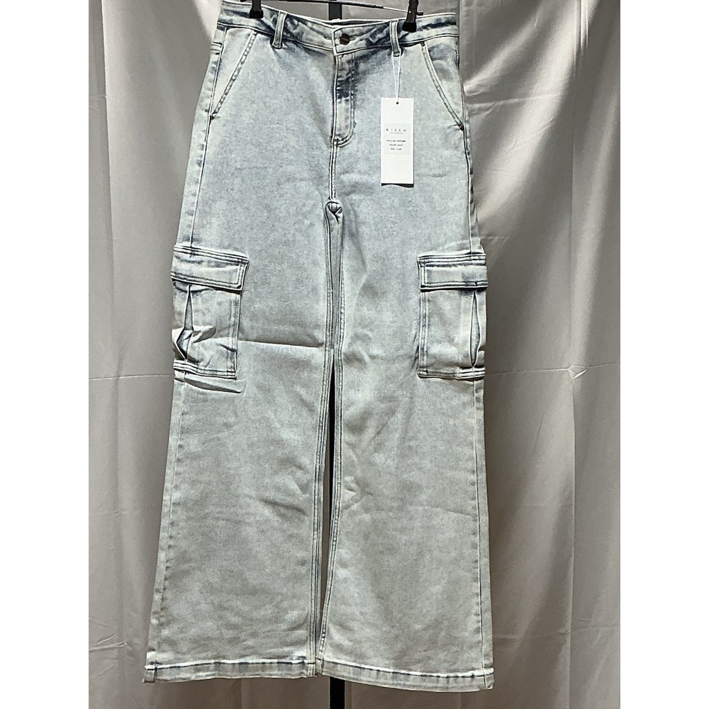 Risen Women's Wide Leg Cargo Jeans Size 11/30 Light Wash High Rise NWT RDP5489